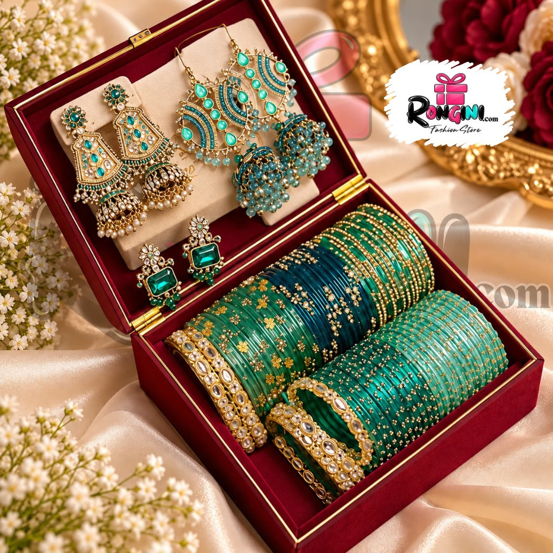 Emerald Green Bangles Set with Matching Traditional Jewellery