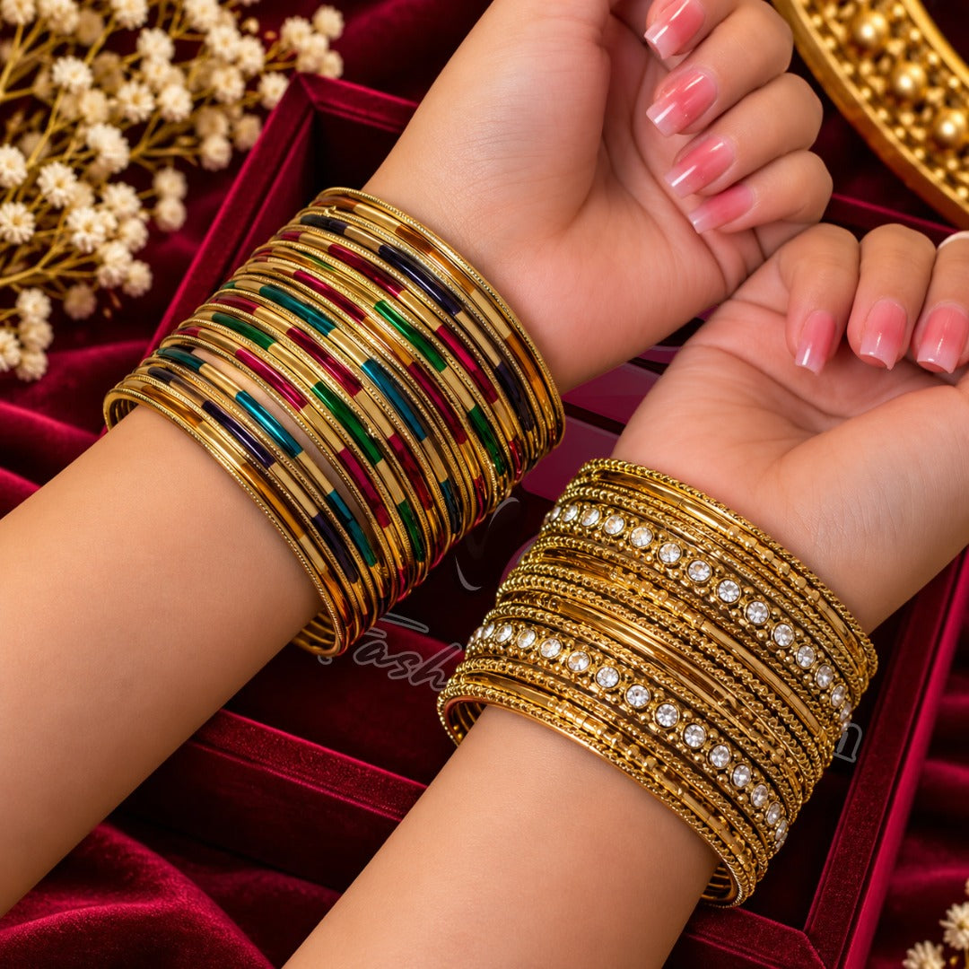 Gold Tone Multicolor Enamel and Rhinestone Bangles Set
