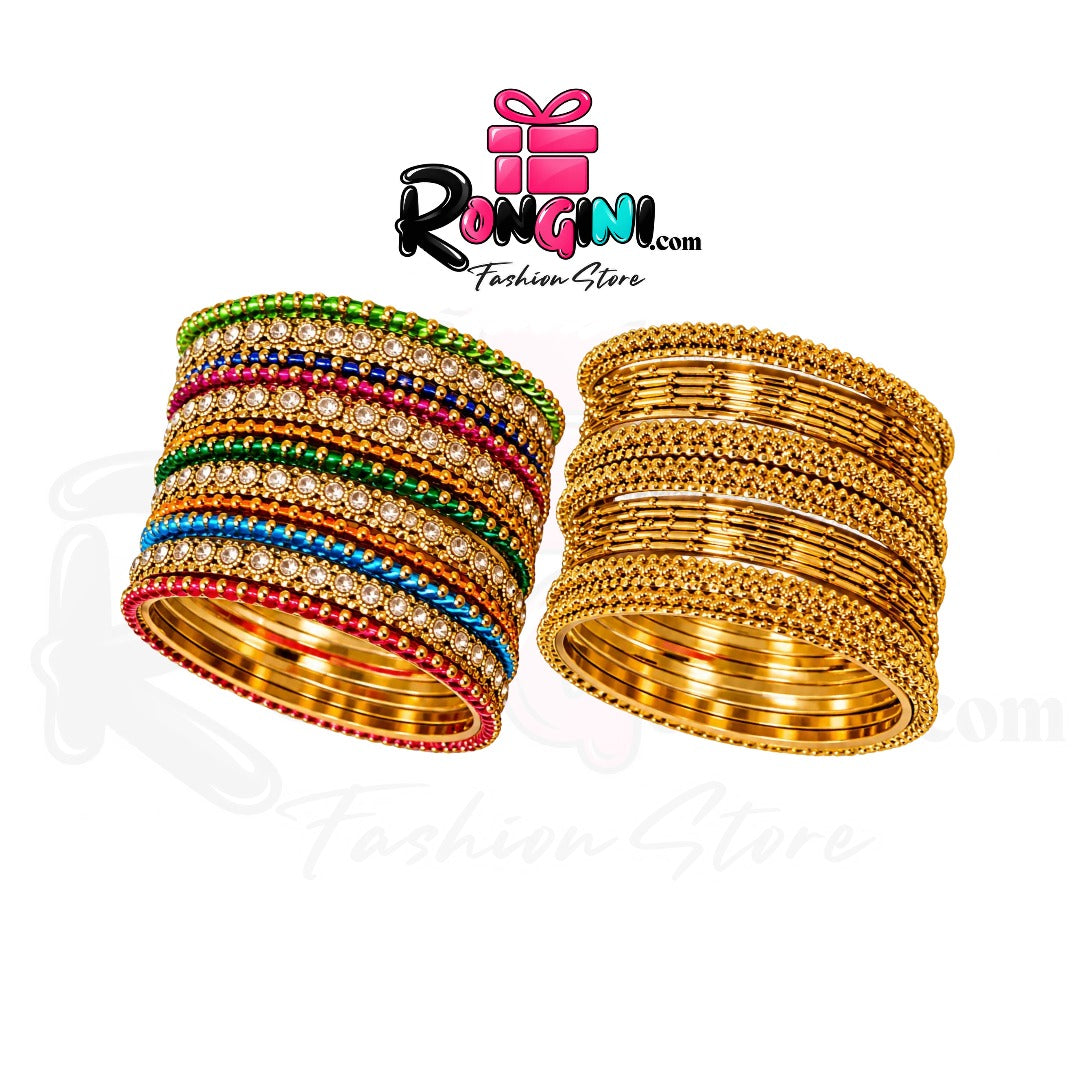 Gold Tone Multicolor Stone and Traditional Bangles Set