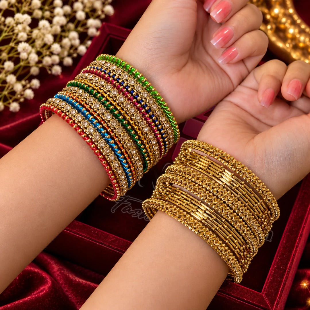 Gold Tone Multicolor Stone and Traditional Bangles Set