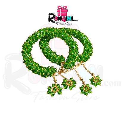 Pink Beaded Bangles with Gold Tone Chain Charms Set