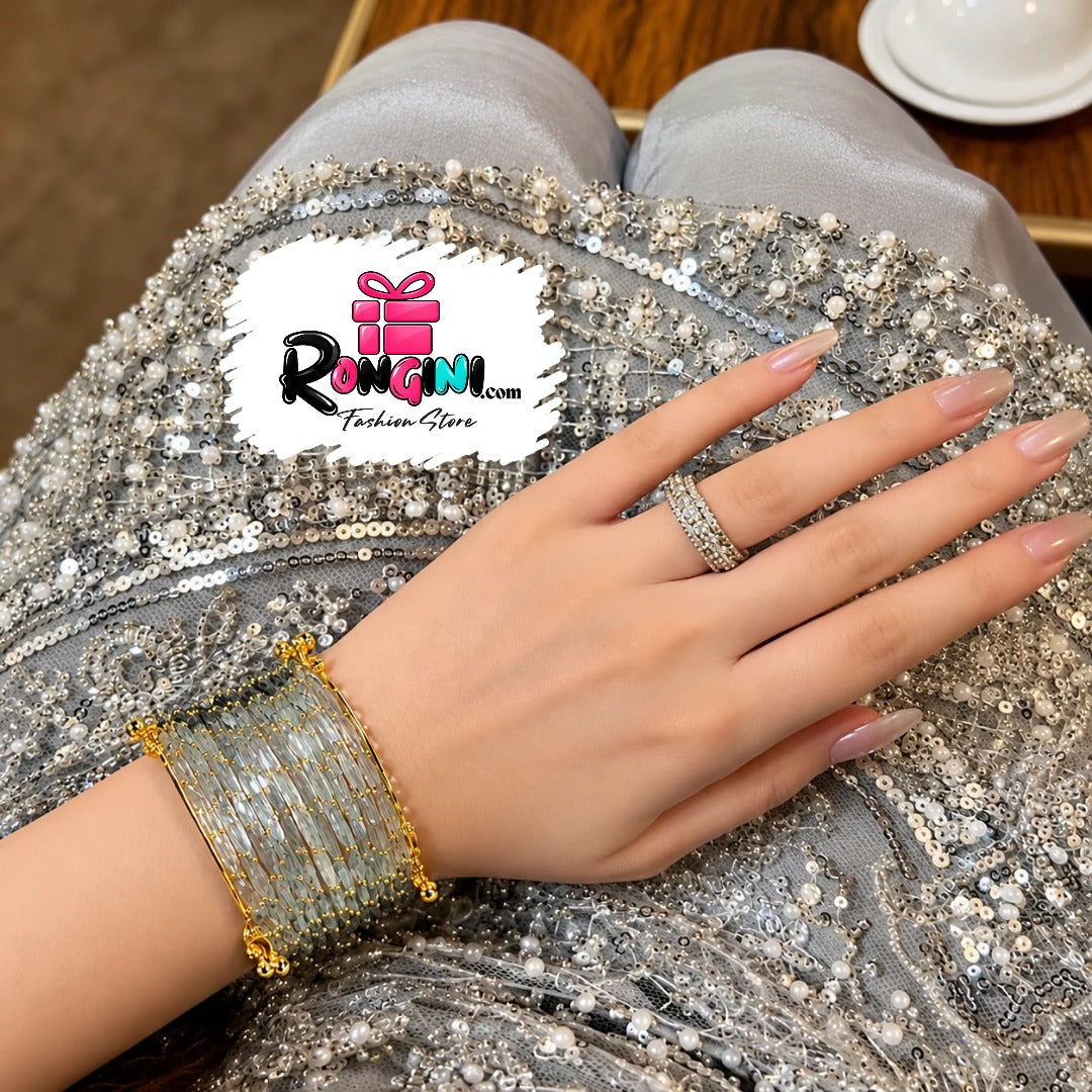 Grey Crystal Beaded Gold Tone Bangles Set for Women