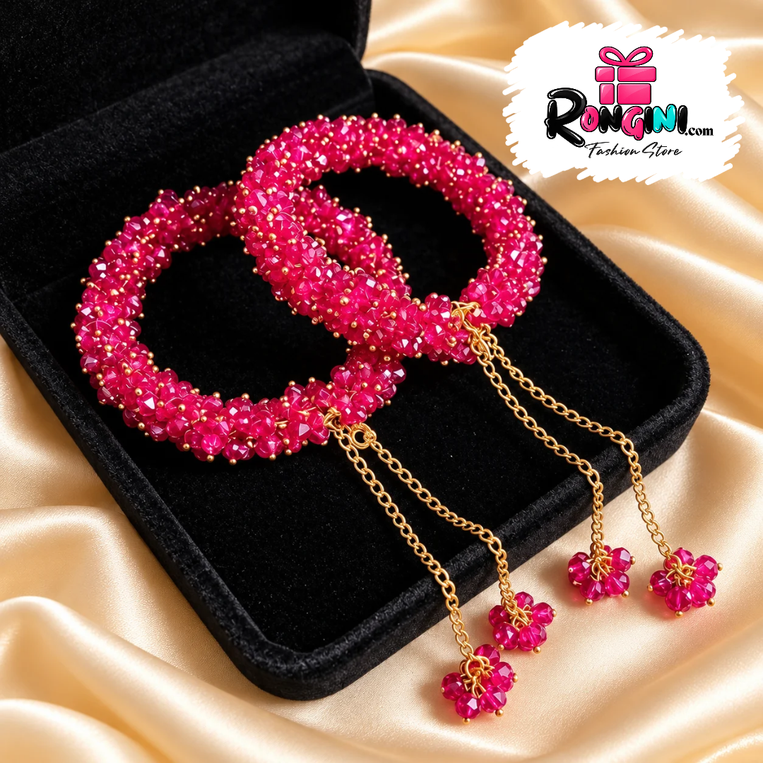 Pink Beaded Bangles with Gold Tone Chain Charms for Women