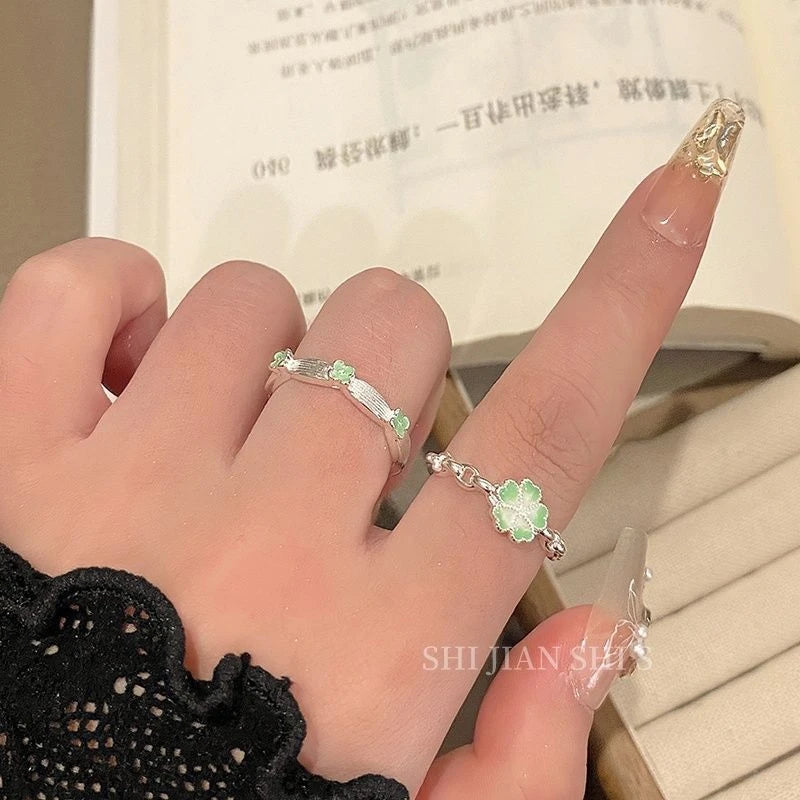 Silver Green Clover Adjustable Ring