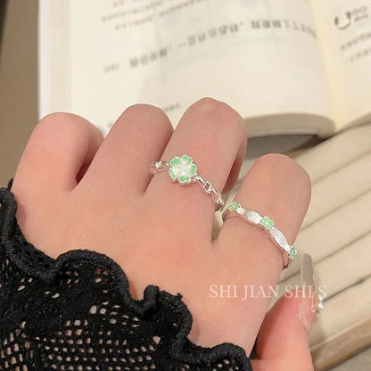 Silver Green Clover Adjustable Ring