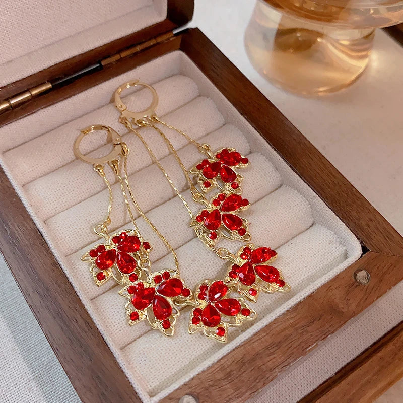 Red Maple Leaf Crystal Tassel Earrings