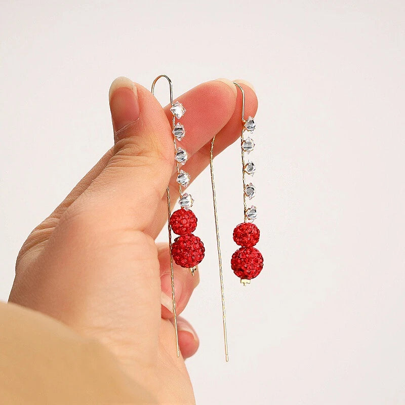 Red Crystal Ball Long Drop Earrings
