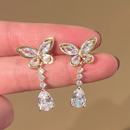Gold Butterfly Crystal Drop Earrings for Women