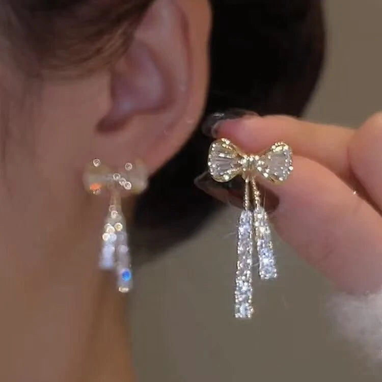 Golden Crystal Bow Drop Earrings