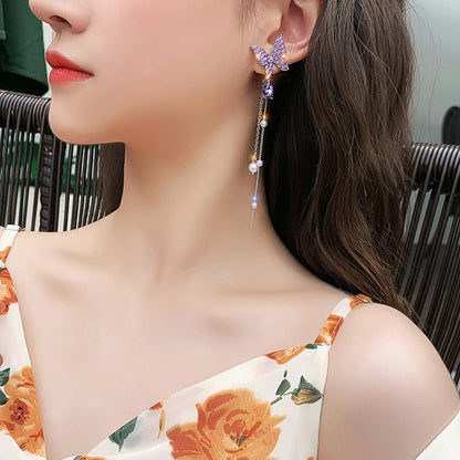 Rhinestone Butterfly Pearl Drop Earrings