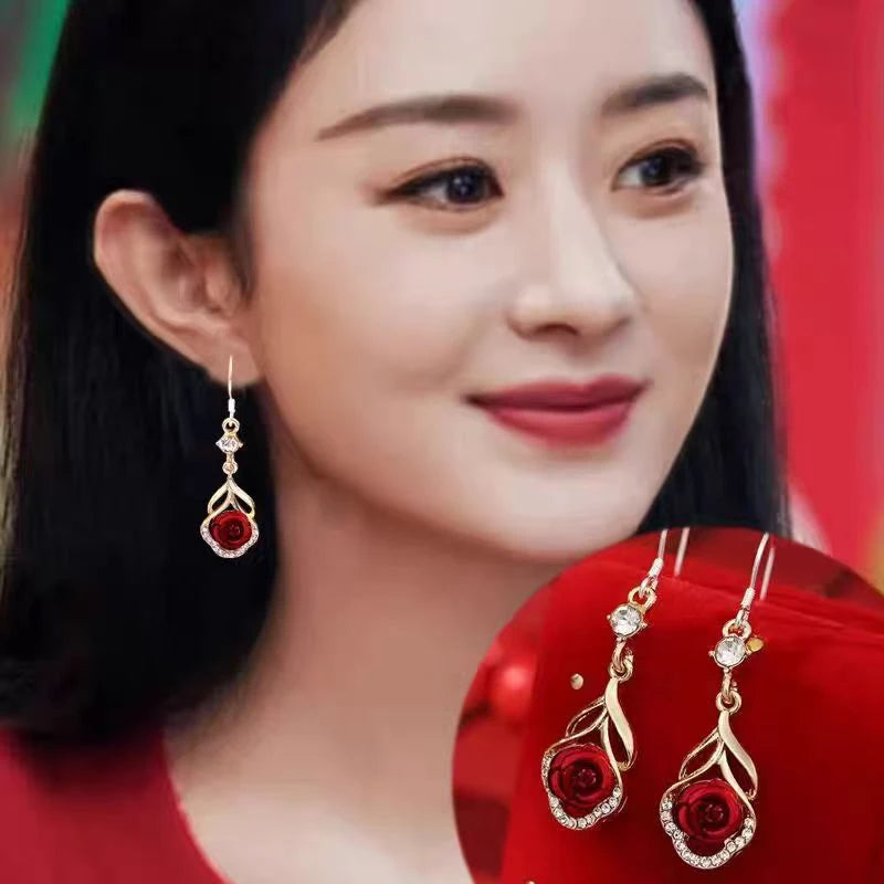 Red Rose Crystal Drop Earrings