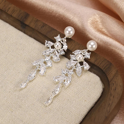 Pearl Zircon Floral Tassel Drop Earrings – Silver