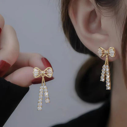 Golden Crystal Bow Drop Earrings