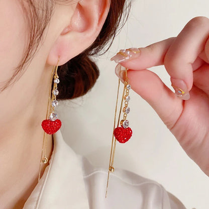 Red Crystal Ball Long Drop Earrings