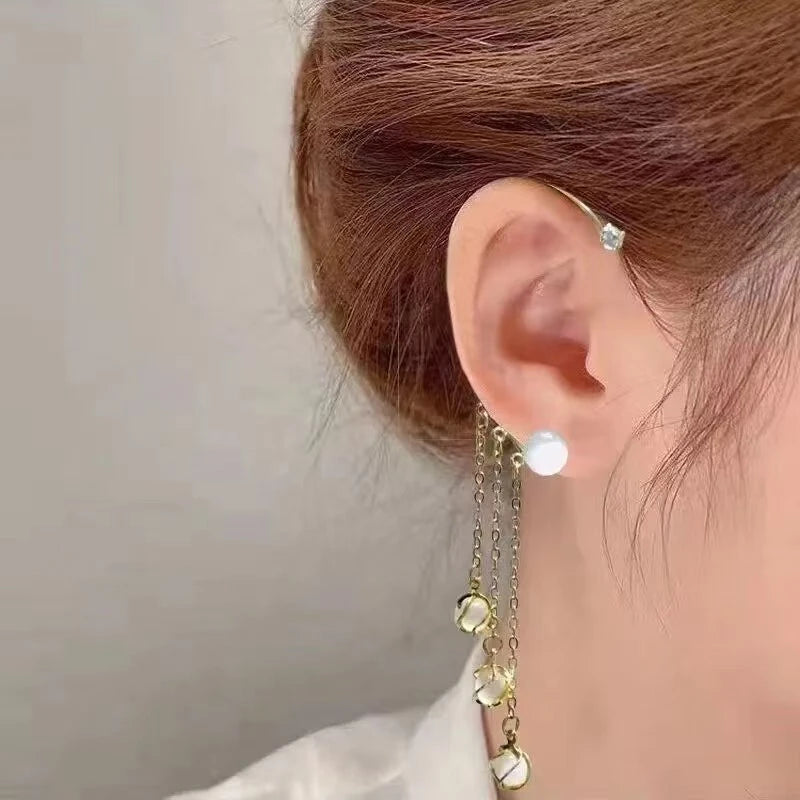 White Cat's Eye Stone Tassel Earrings | Rongini