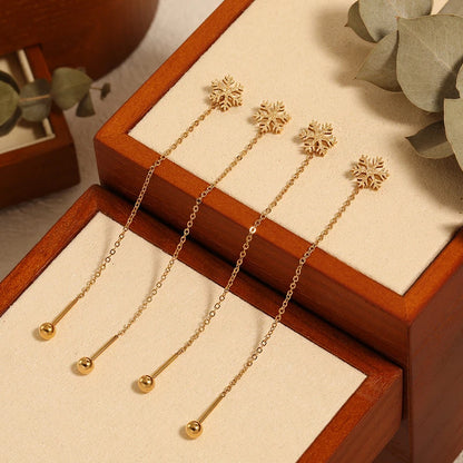Gold Snowflake Long Drop Earrings for Women