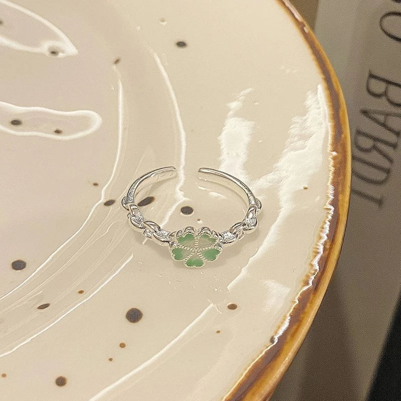 Silver Green Clover Adjustable Ring