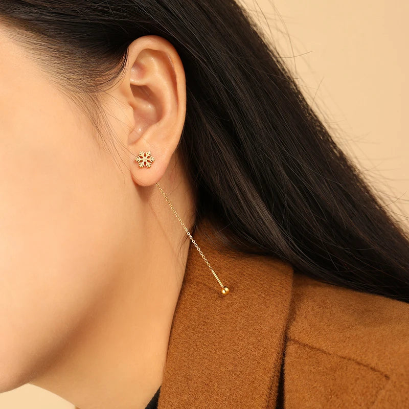 Gold Snowflake Long Drop Earrings for Women