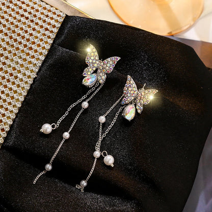 Rhinestone Butterfly Pearl Drop Earrings