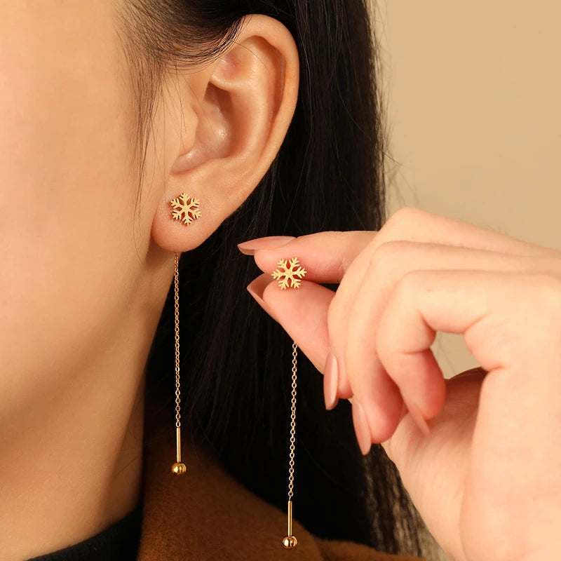 Gold Snowflake Long Drop Earrings for Women