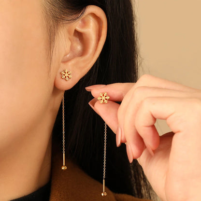 Gold Snowflake Long Drop Earrings for Women