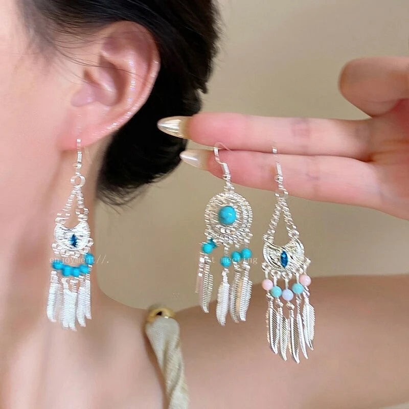 Turquoise Dreamcatcher Tassel Earrings