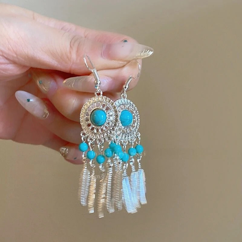 Turquoise Dreamcatcher Tassel Earrings