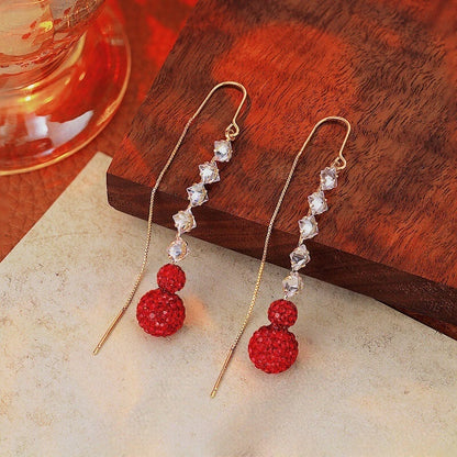 Red Crystal Ball Long Drop Earrings