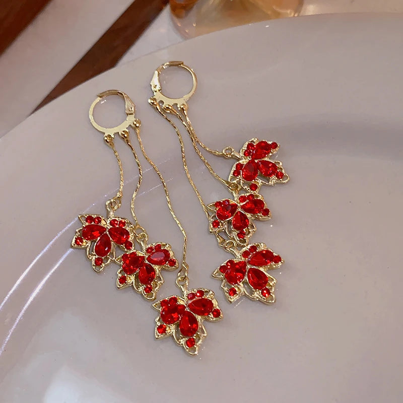 Red Maple Leaf Crystal Tassel Earrings