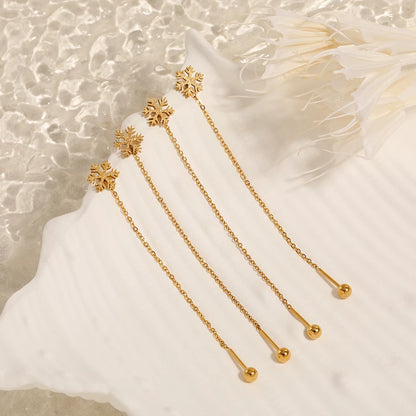 Gold Snowflake Long Drop Earrings for Women