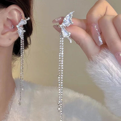 Crystal Butterfly Tassel Ear Cuff Earrings – Silver