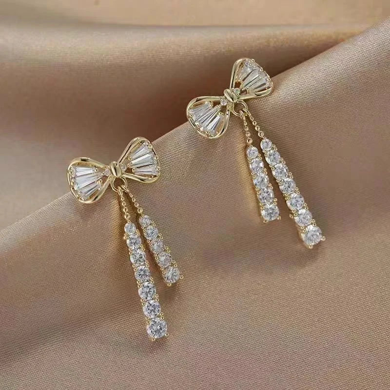 Golden Crystal Bow Drop Earrings