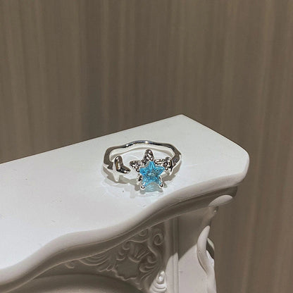 Silver Blue Star Crystal Ring