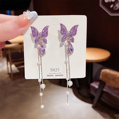 Rhinestone Butterfly Pearl Drop Earrings