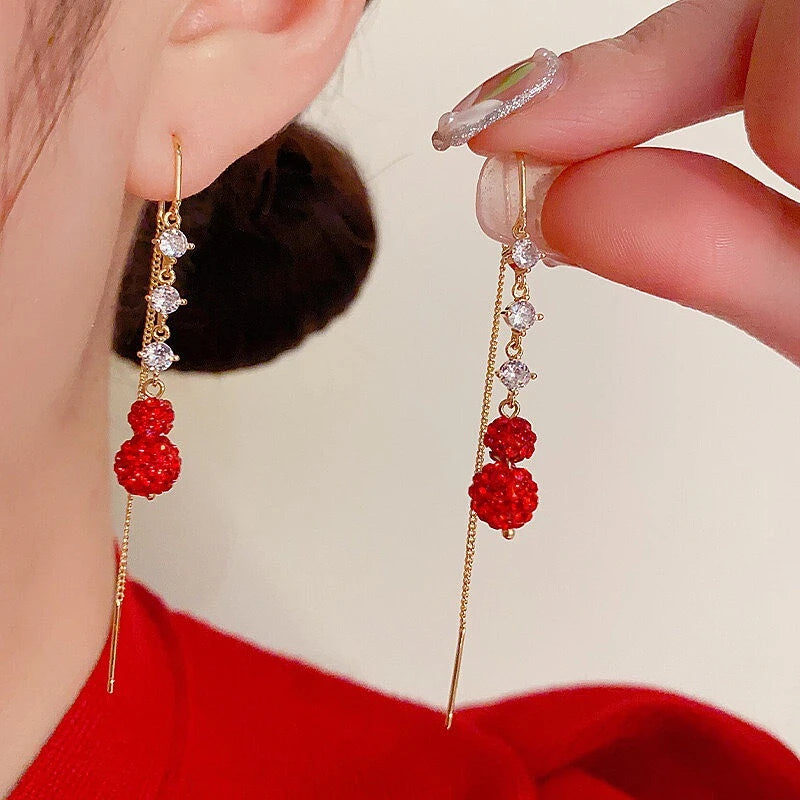 Red Crystal Ball Long Drop Earrings