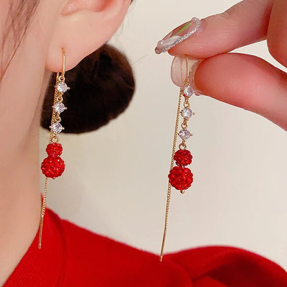Red Crystal Ball Long Drop Earrings