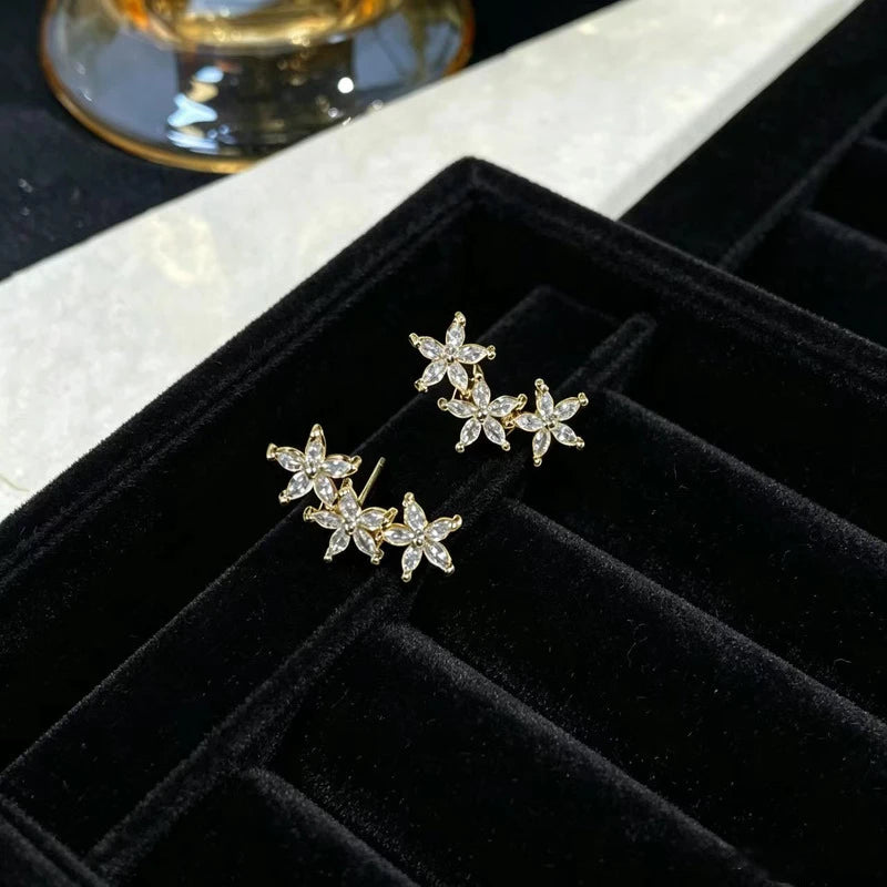 Golden Crystal Floral Stud Earrings