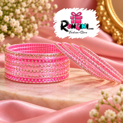 Pink Stone Studded Bangles with Glossy Finish