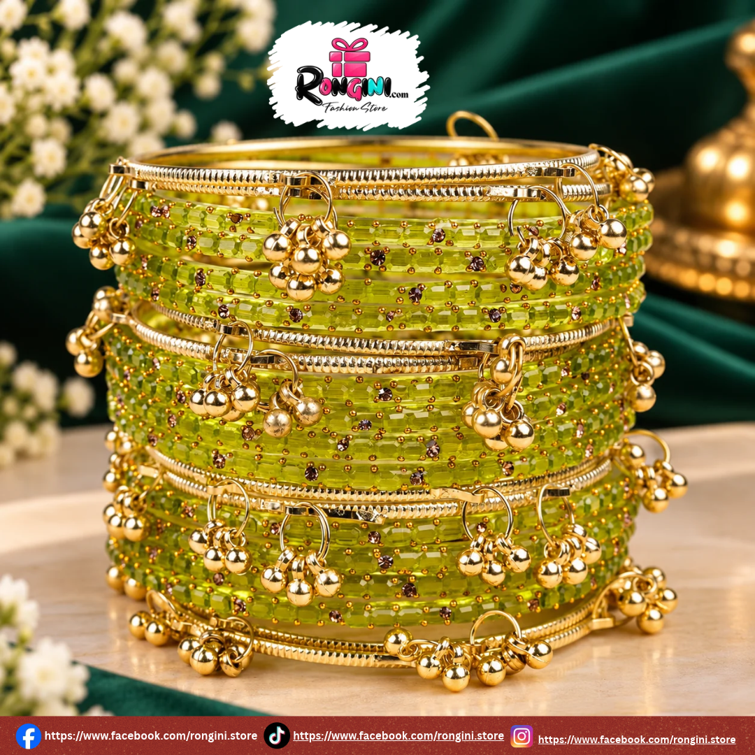 Green Glass Bangles with Gold Tone Hanging Charms