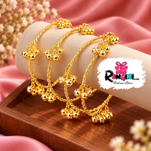 Gold Tone Twisted Wire Bangles with Hanging Beads