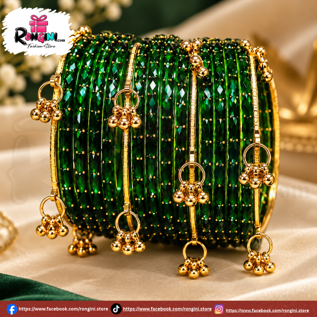 Green Glass Bangles with Gold Tone Hanging Charms