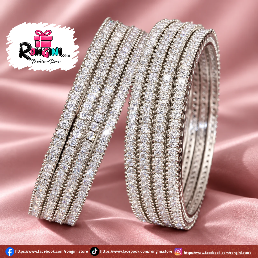 Crystal Stone Silver Tone Bangles Set for Women