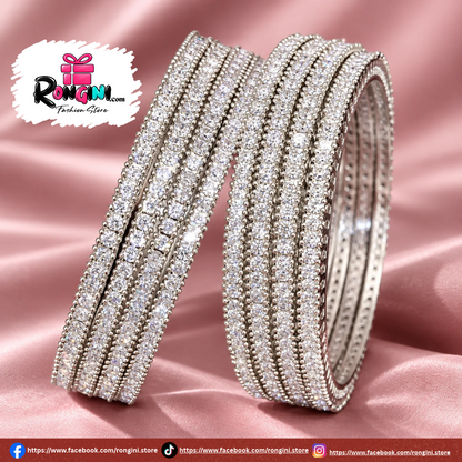 Crystal Stone Silver Tone Bangles Set for Women