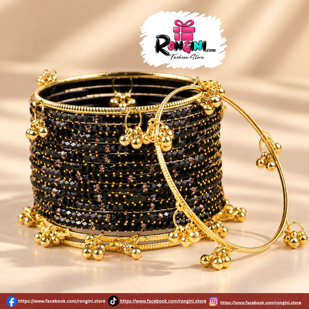 Black Beaded Bangles with Gold Tone Dangling Charms