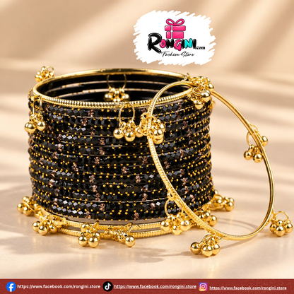 Black Beaded Bangles with Gold Tone Dangling Charms