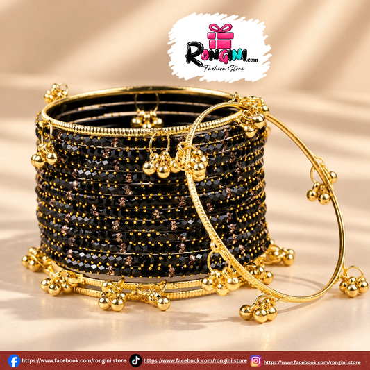 Black Beaded Bangles with Gold Tone Dangling Charms