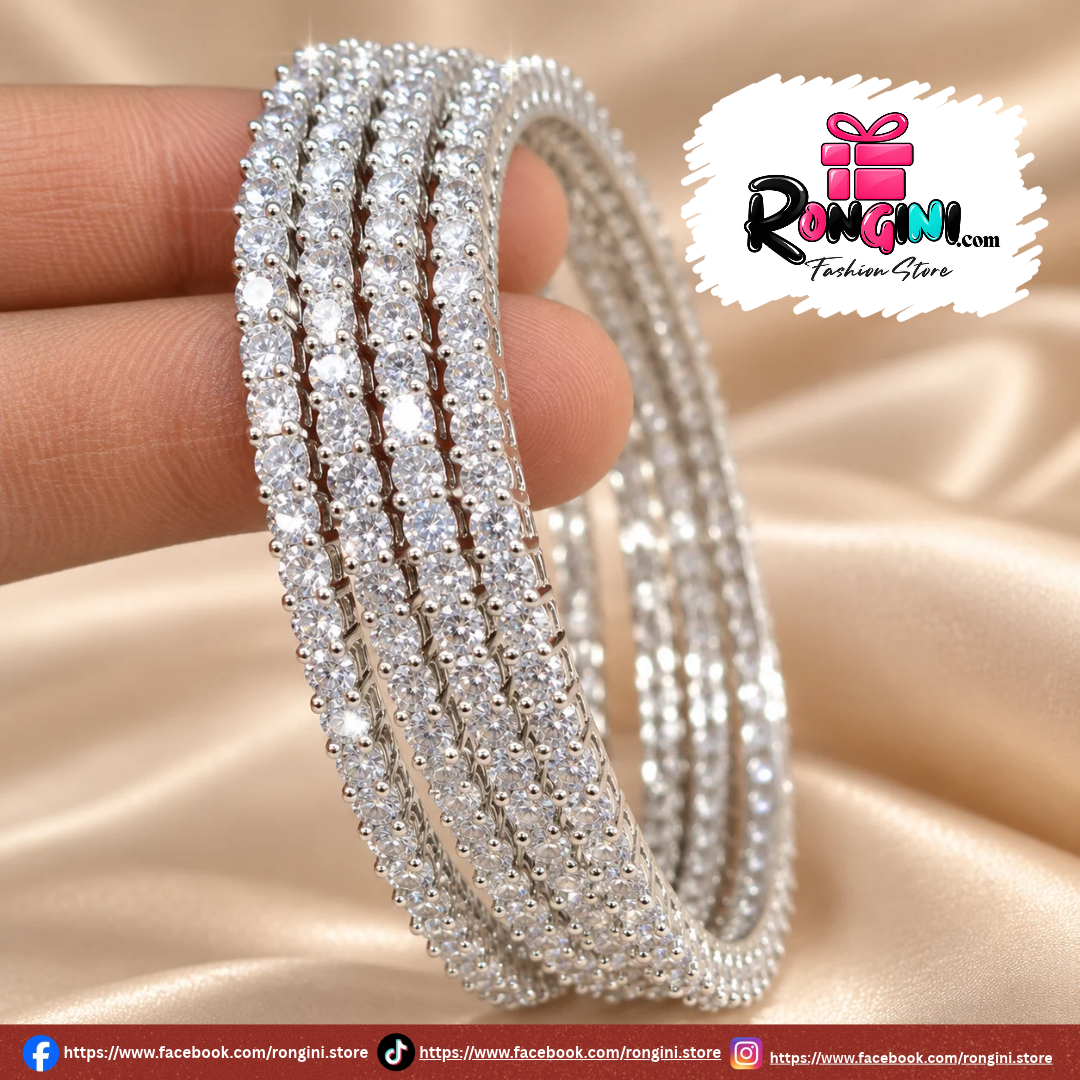 Crystal Stone Silver Tone Bangles Set for Women