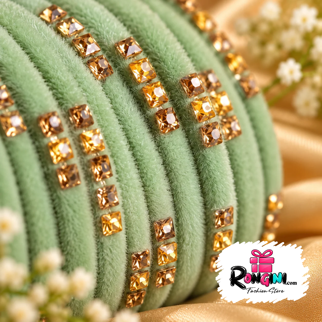 Sage Green Velvet Bangles with Gold Tone Stone Details