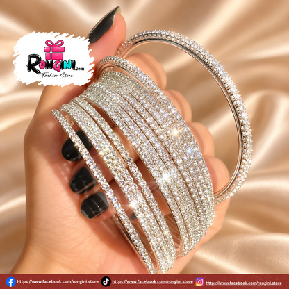 Crystal Stone Silver Tone Bangles Set for Women
