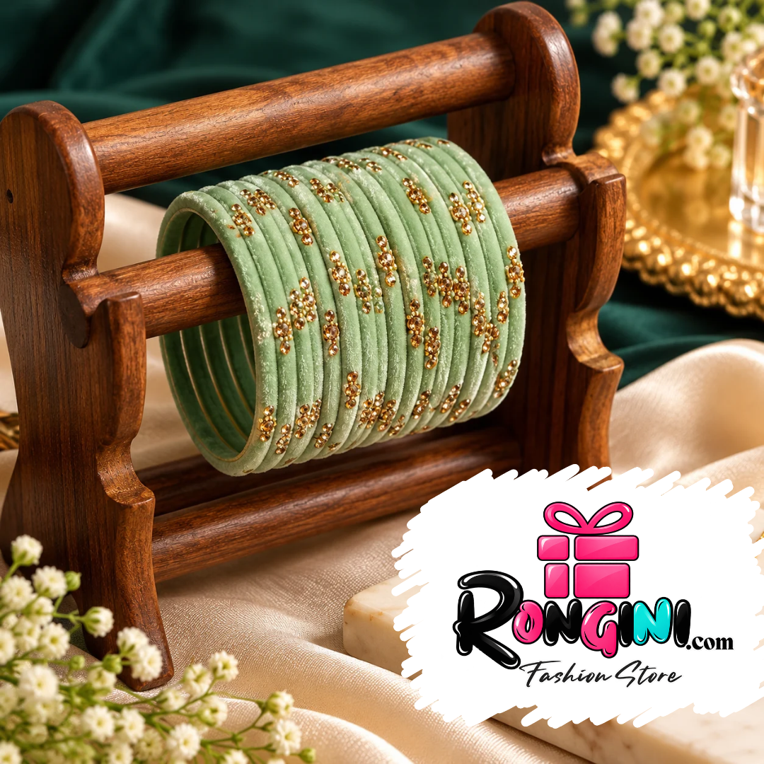 Sage Green Velvet Bangles with Gold Tone Stone Details